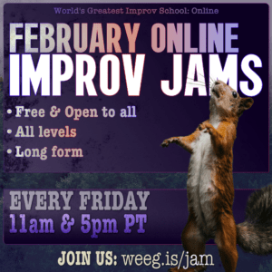 Feb online improv jams poster with purple background and squirrel in the foreground. Text in photo is same as text on page 